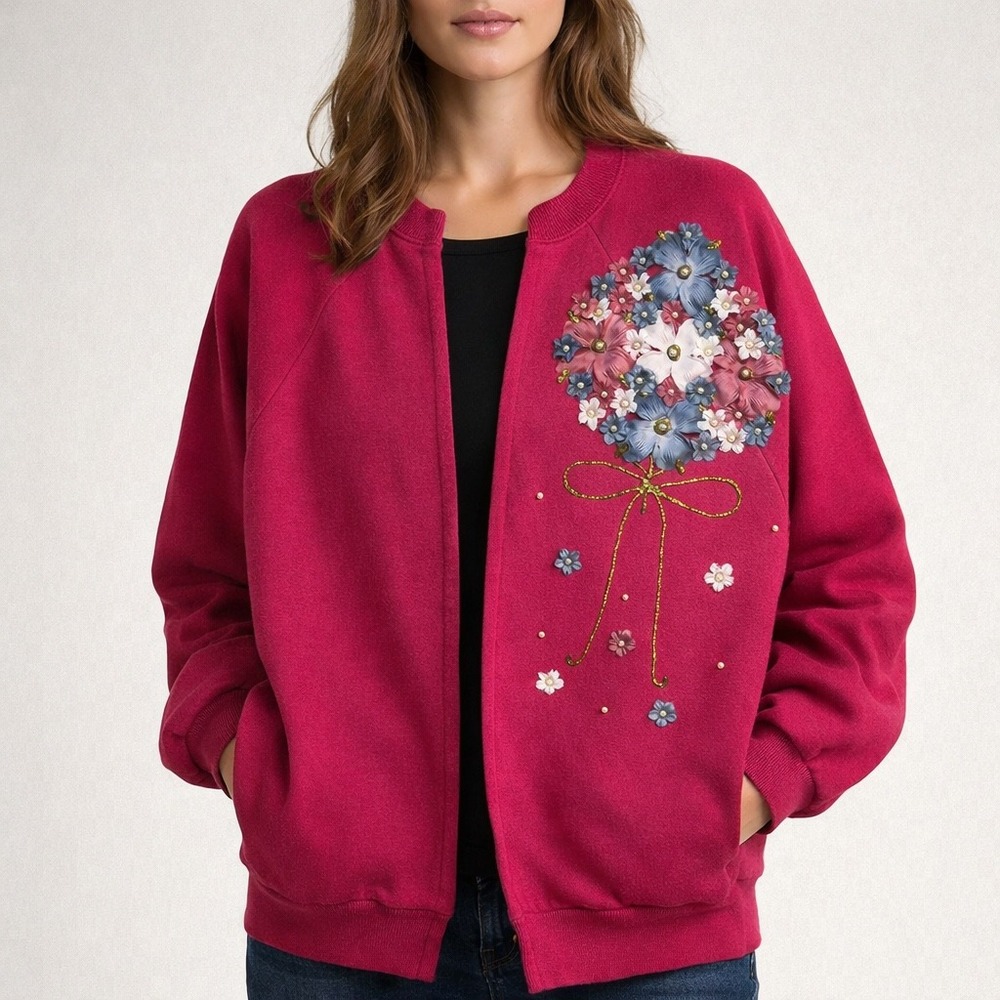 Hanes Vintage Pink Floral Applique Cardigan Soft Girl Cottagecore Girly XL Pearl